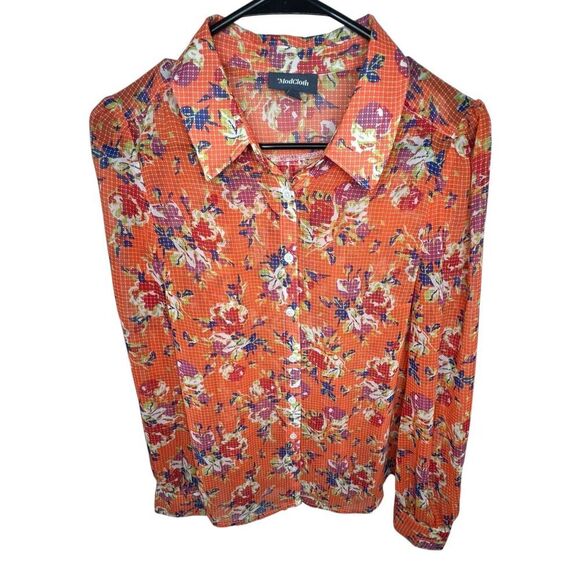 Modcloth Tops - Modcloth Sheer Orange Floral Button Up Loose Fit Long Sleeve Blouse